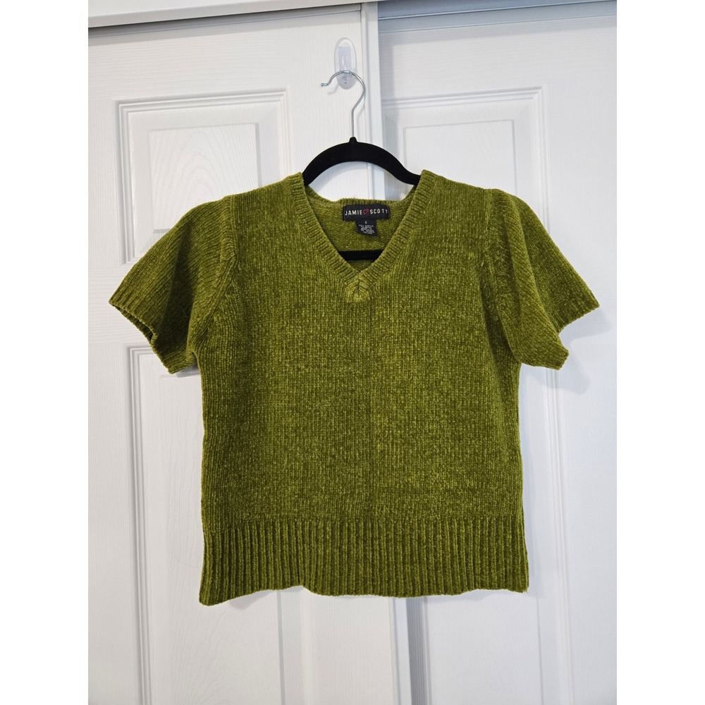 Vintage Moss Green Y2K V-Neck Short Sleeve Sweater Top Small Bratz Spiceworld